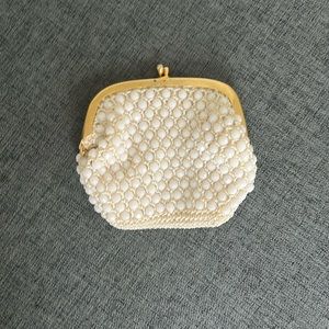 Vintage White and Gold Crochet Beaded Change Purse Bag